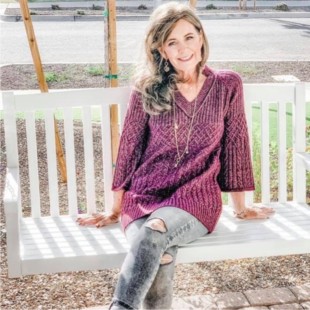 Cabi Chime Cable-Knit V-Neck 3/4-Sleeve Pullover Sweater NWOT Deep-Plum